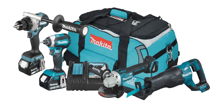 Combokit Makita DLX4157TX1 (DDF486Z, DTD153Z, DJR187Z, DGA504Z) + 2x5.0Ah 18V akut ja kiirlaadija