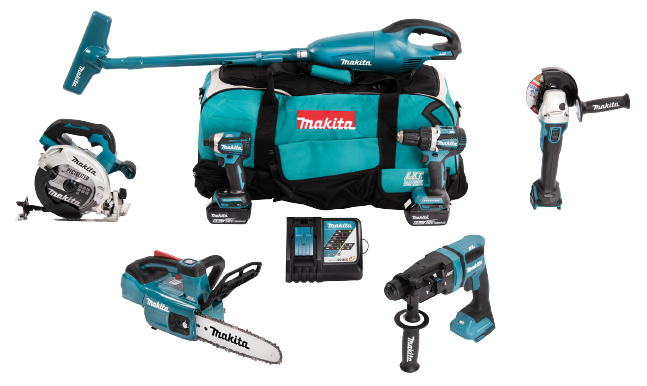 Combokit Makita DLX7017GX1 (DCL180Z,DDF484Z,DGA506Z,DHR182Z,DHS660Z,DTD154Z,DUC254Z) + 2x 18V 6.0Ah akut ja akulaadija