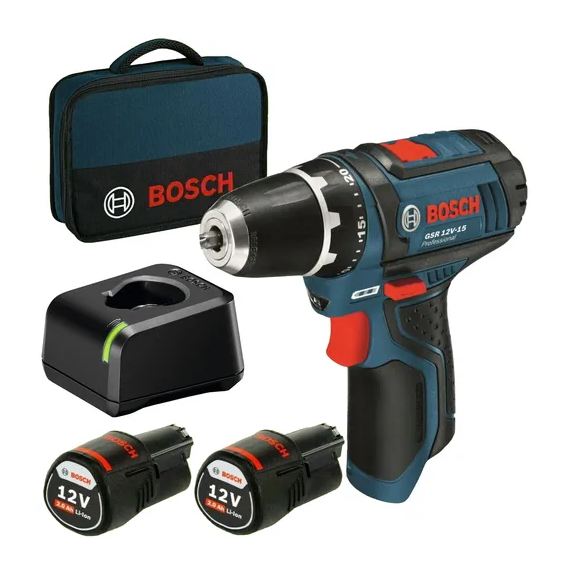 Akutrell-kruvikeeraja Bosch GSR 12V-15, 2x12v 2.0ah aku, laadija ja kandekott