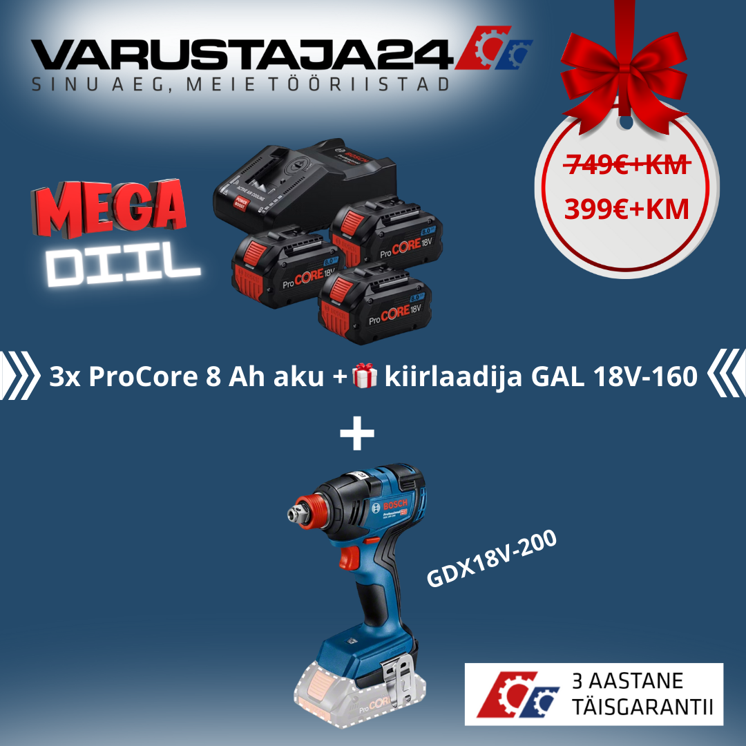 MEGA DIIL 3x8 Ah ProCORE akut + GDX 18V-200 + 3 AASTAT TÄISGARANTIID